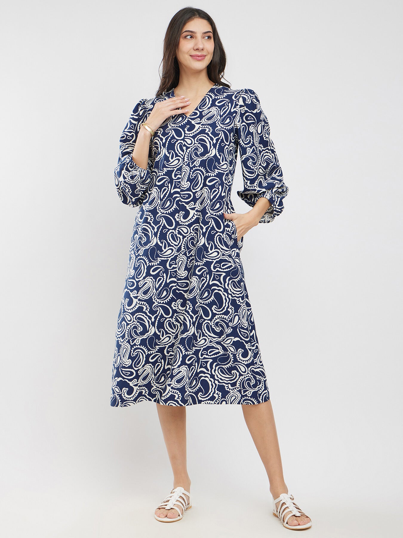 Cotton Paisley A-Line Dress - Navy Blue