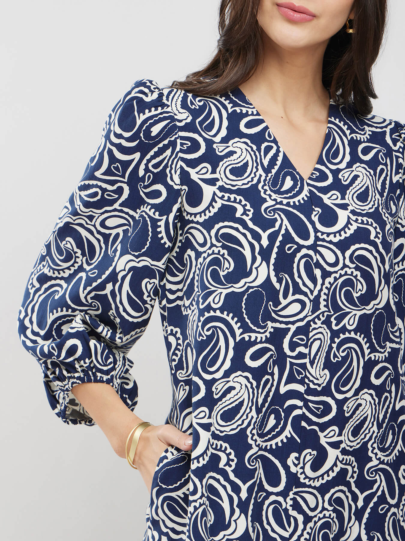 Cotton Paisley A-Line Dress - Navy Blue