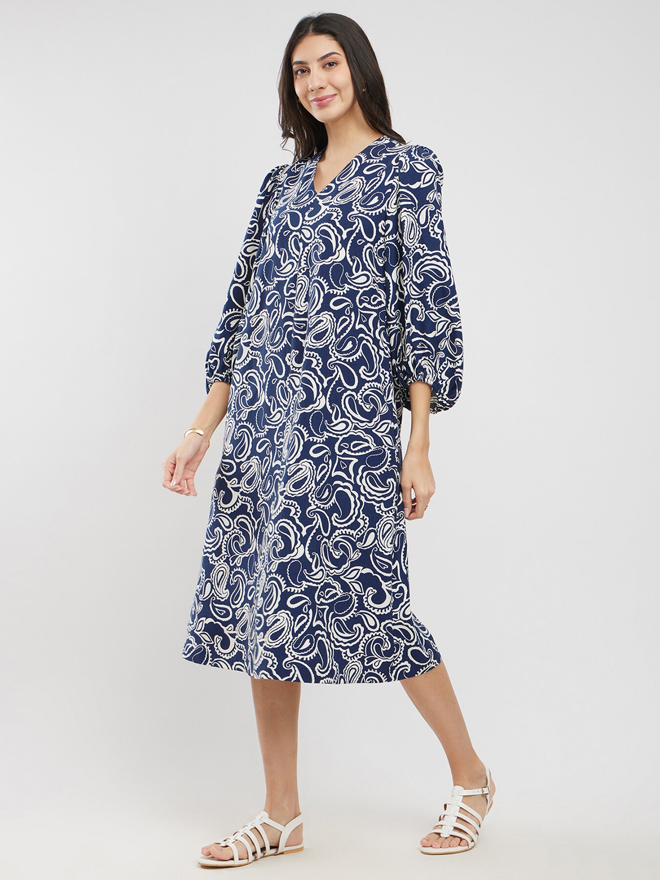 Cotton Paisley A-Line Dress - Navy Blue