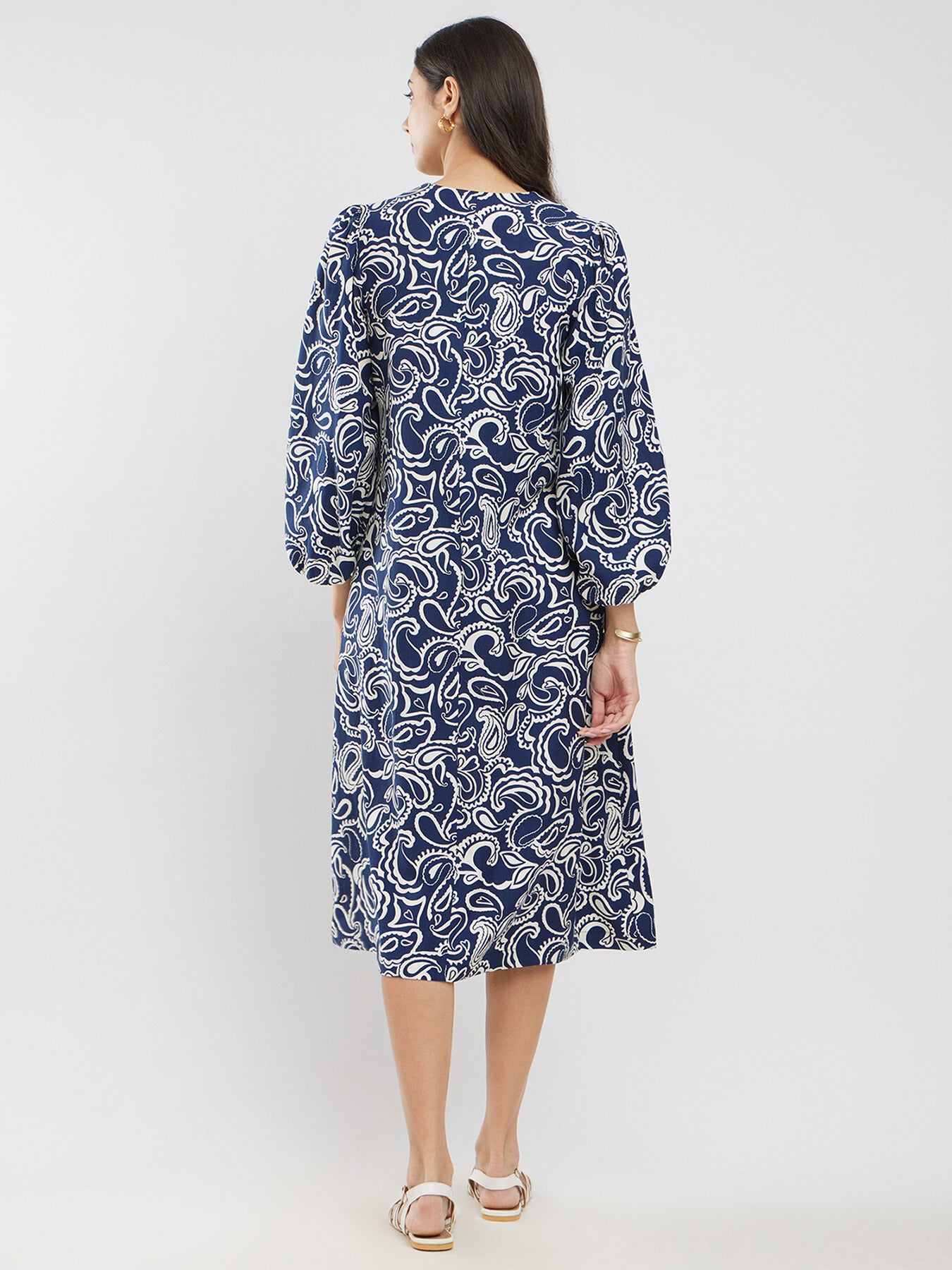 Cotton Paisley A-Line Dress - Navy Blue