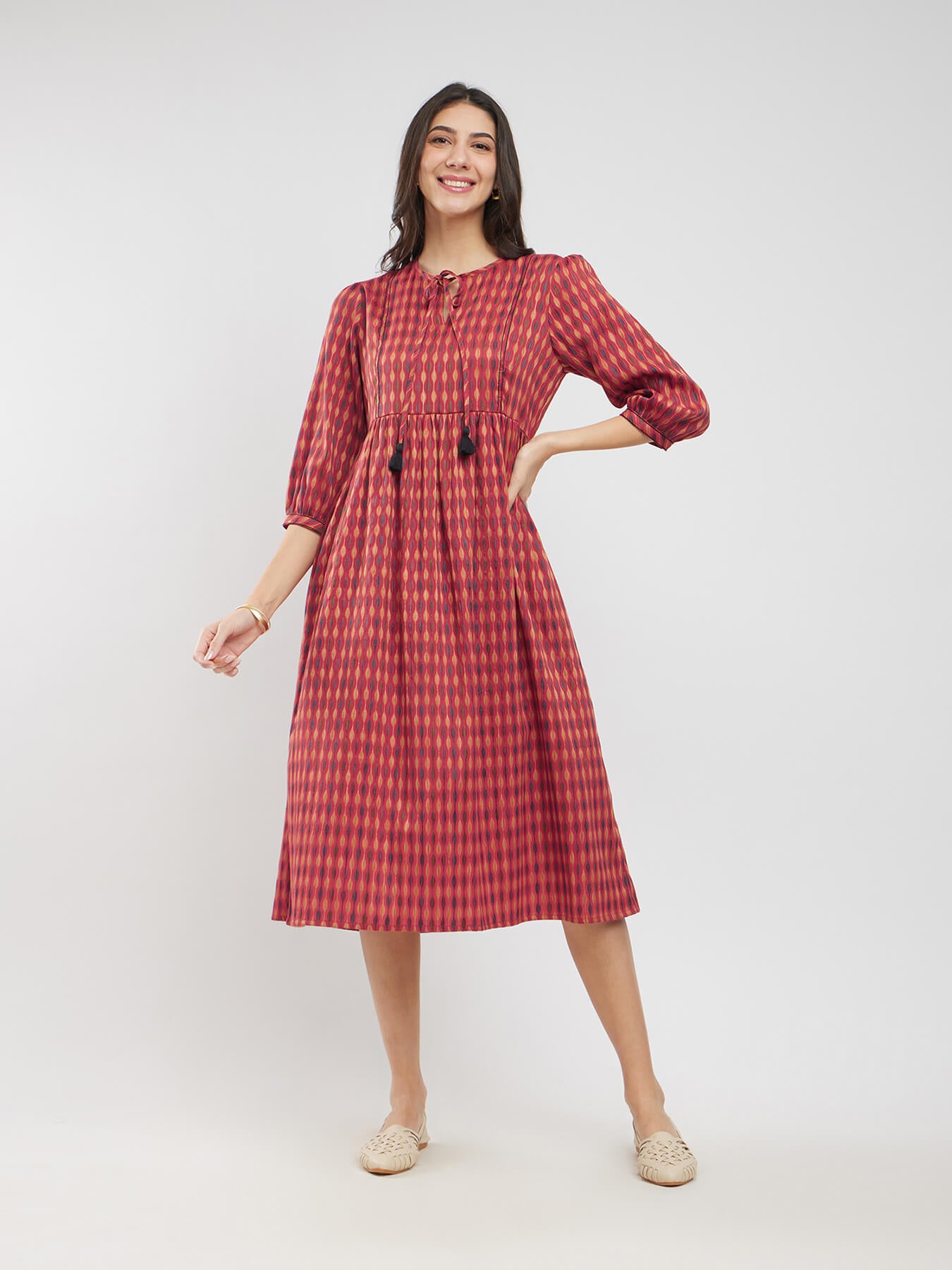 Cotton Woven Design Tie-Up Dress - Rust