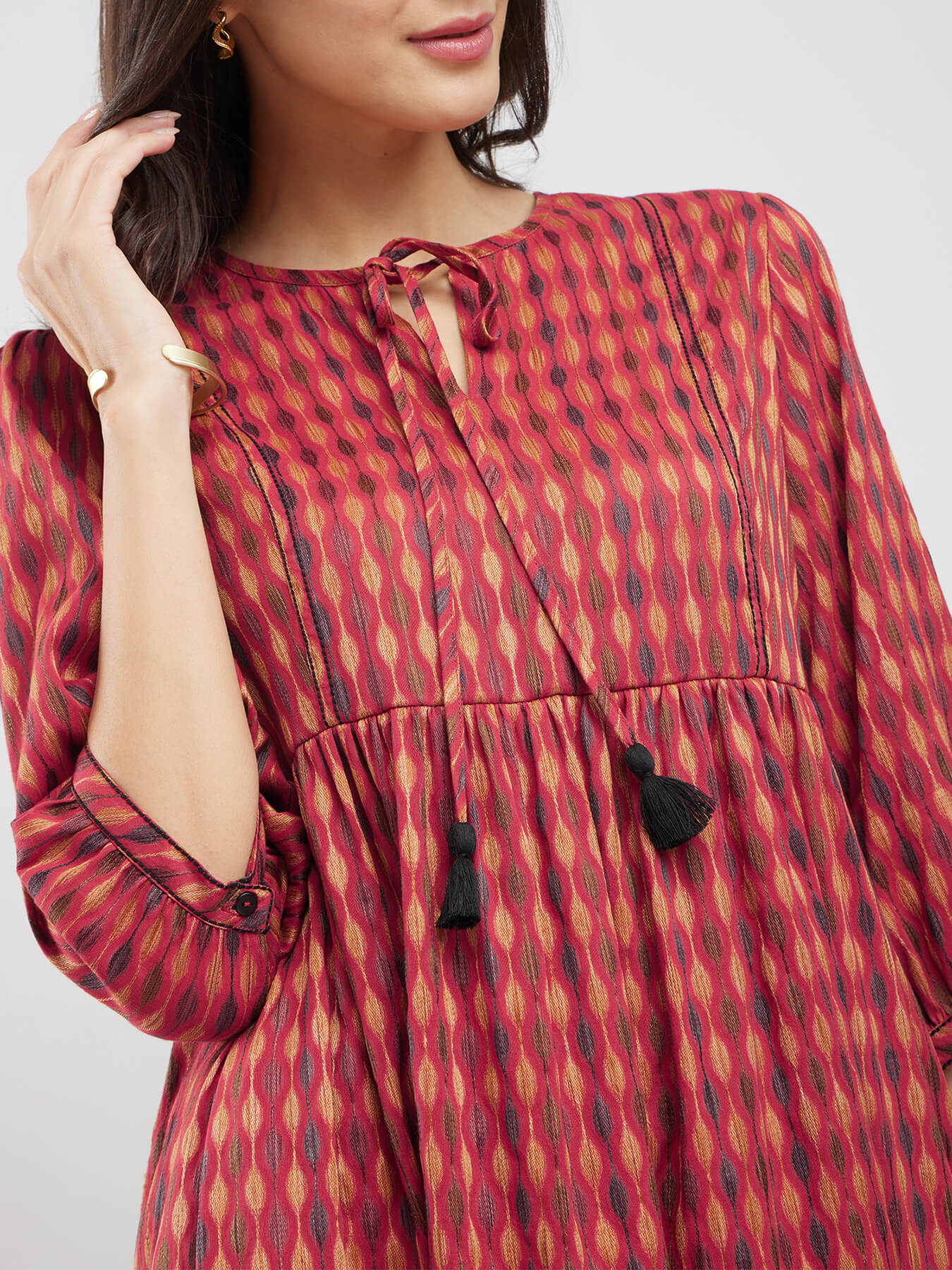 Cotton Woven Design Tie-Up Dress - Rust