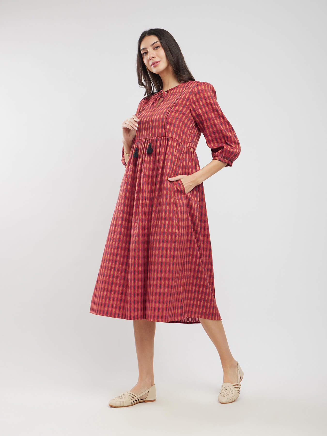 Cotton Woven Design Tie-Up Dress - Rust