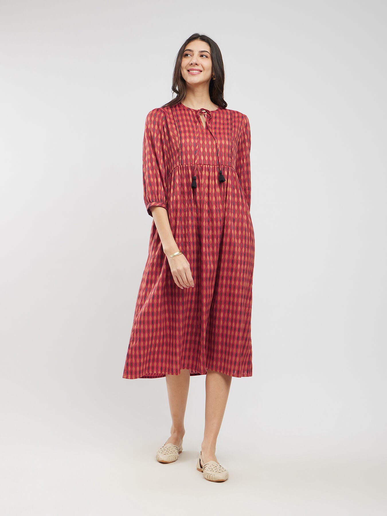 Cotton Woven Design Tie-Up Dress - Rust