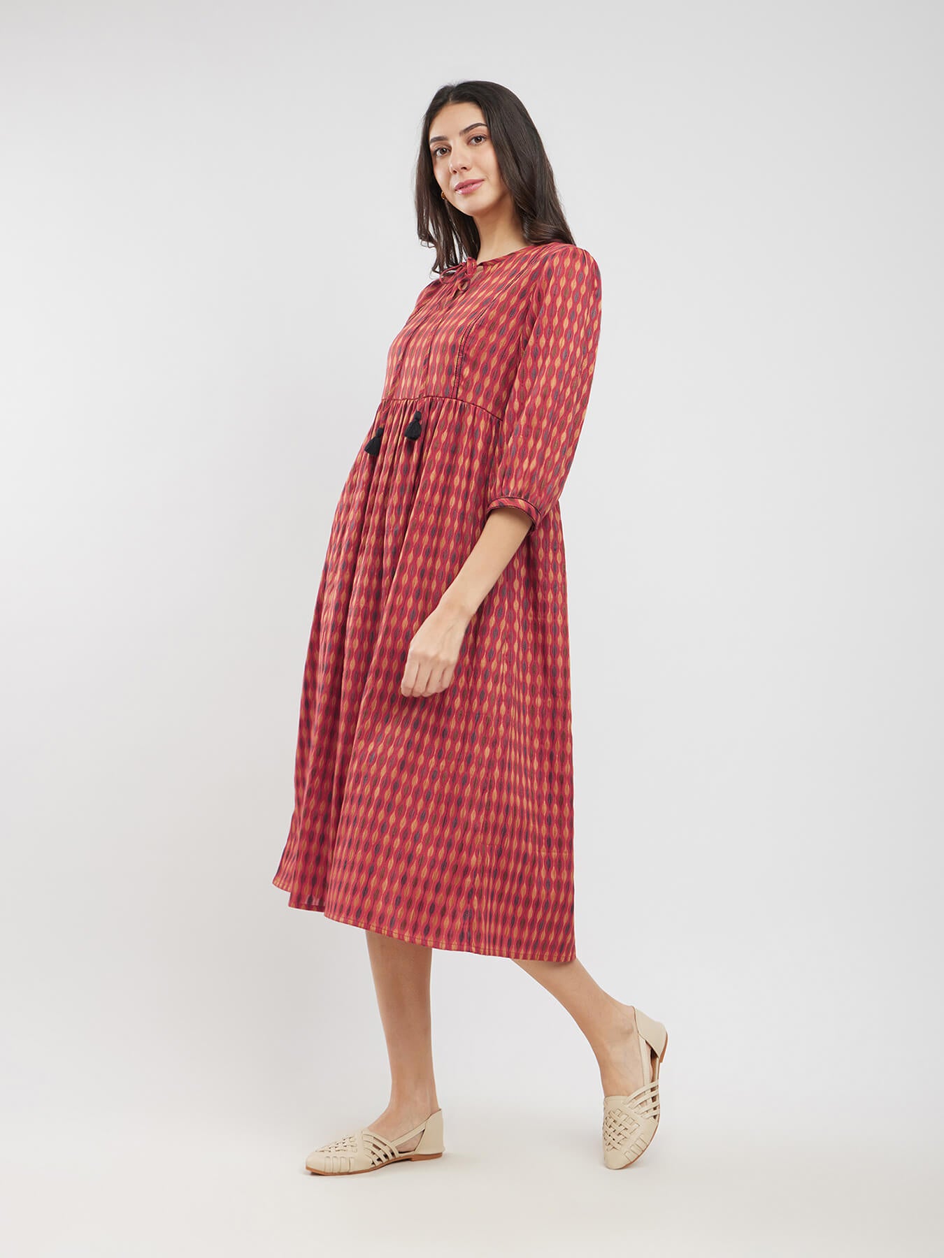 Cotton Woven Design Tie-Up Dress - Rust