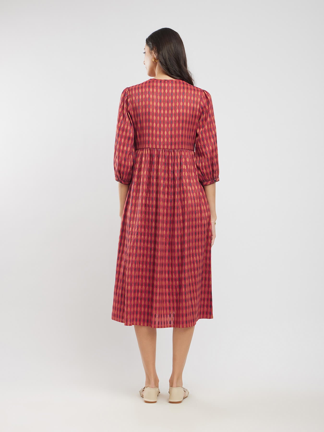 Cotton Woven Design Tie-Up Dress - Rust