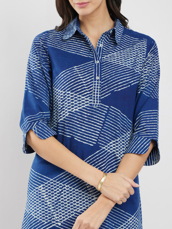 Cotton Dabu Geometric Shirt Dress - Blue