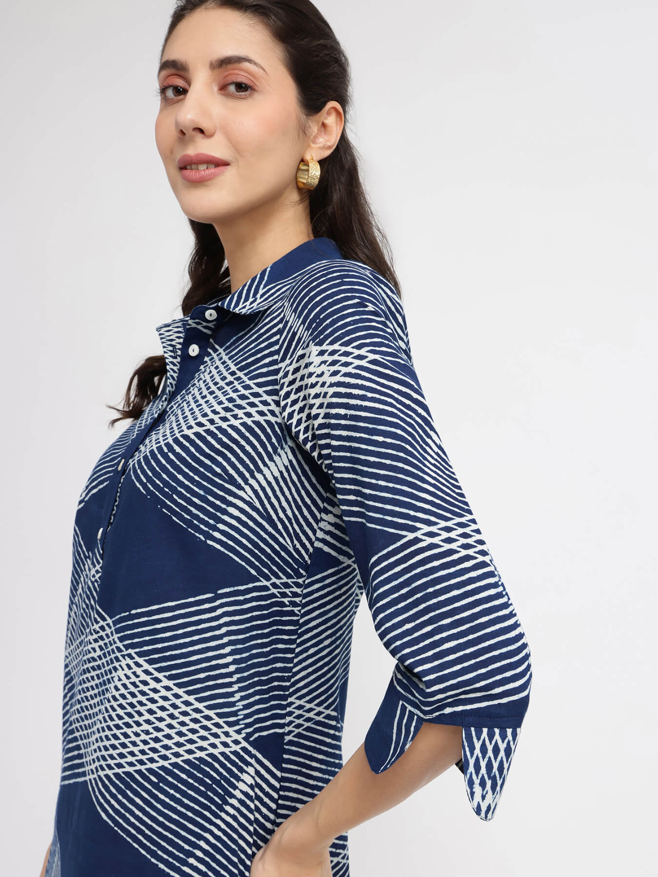 Cotton Dabu Geometric Shirt Dress - Blue
