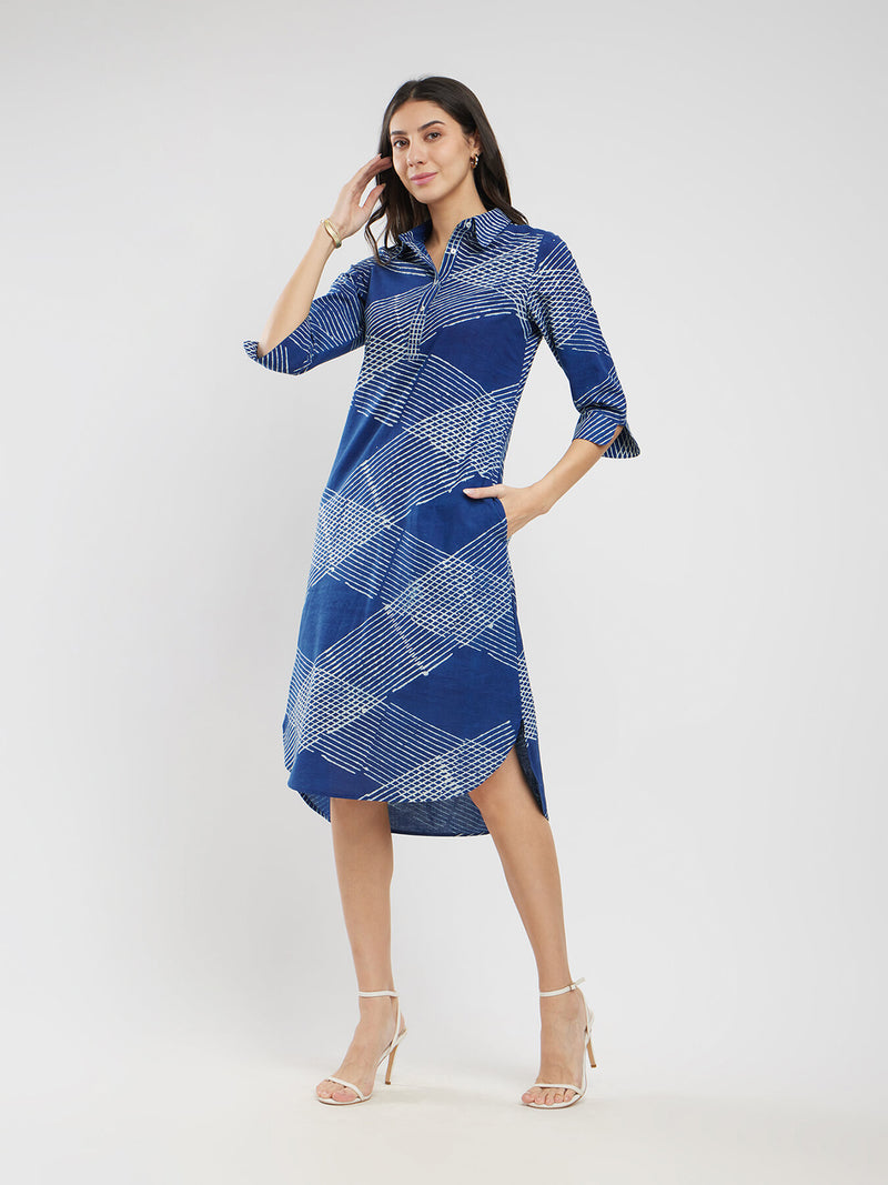 Cotton Dabu Geometric Shirt Dress - Blue