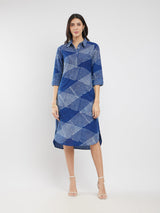 Cotton Dabu Geometric Shirt Dress - Blue