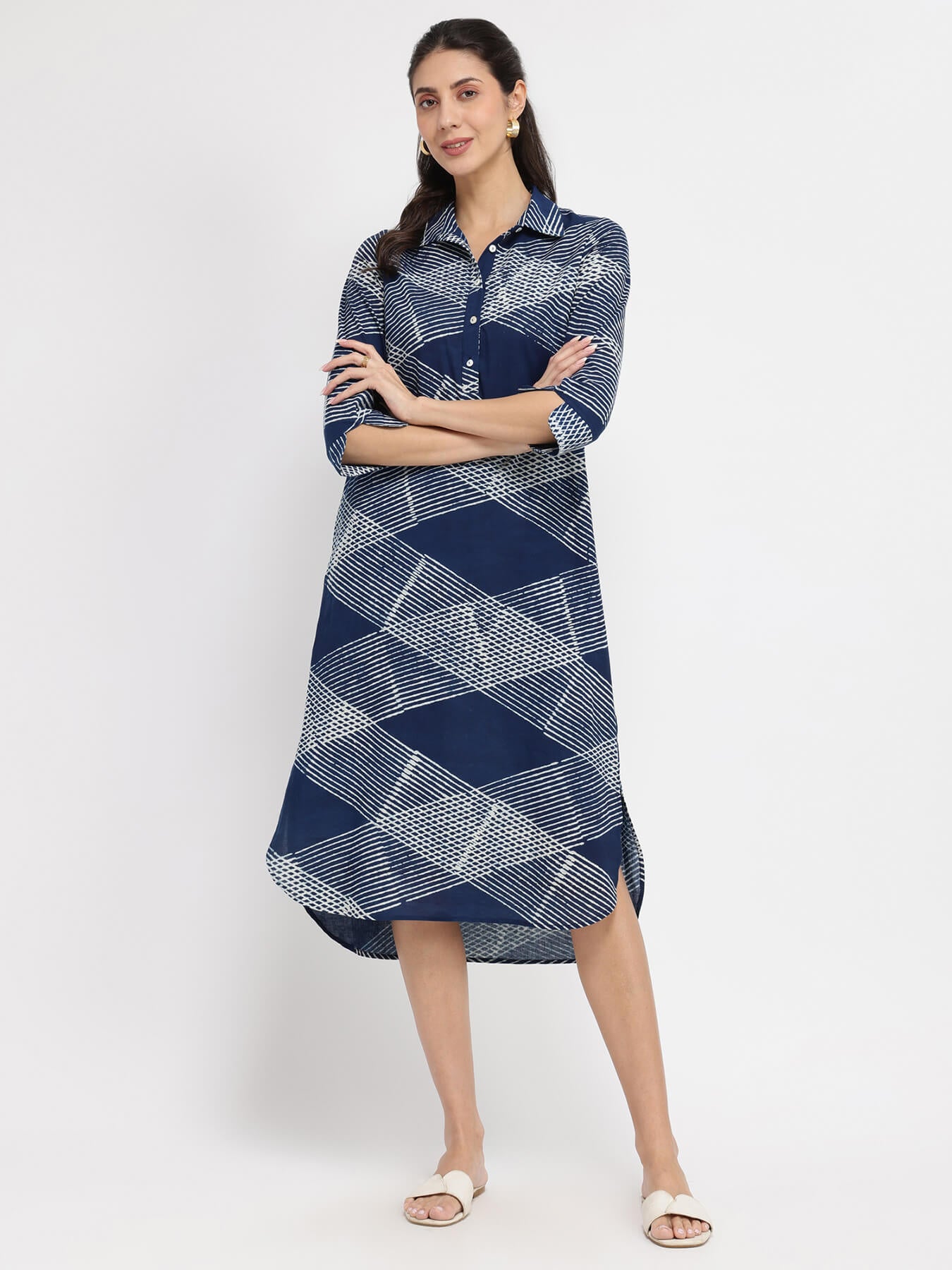 Cotton Dabu Geometric Shirt Dress - Blue