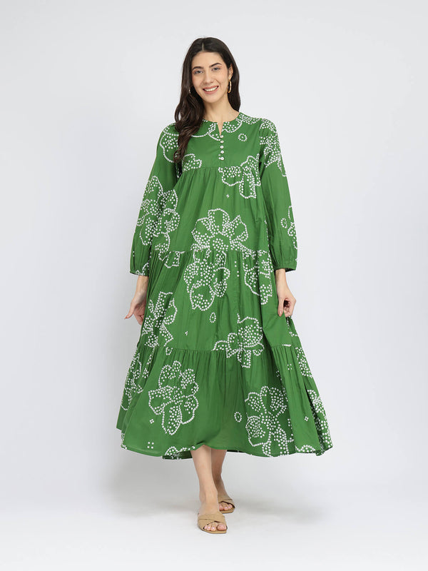 Cotton Bandhani Floral Tiered Dress - Green