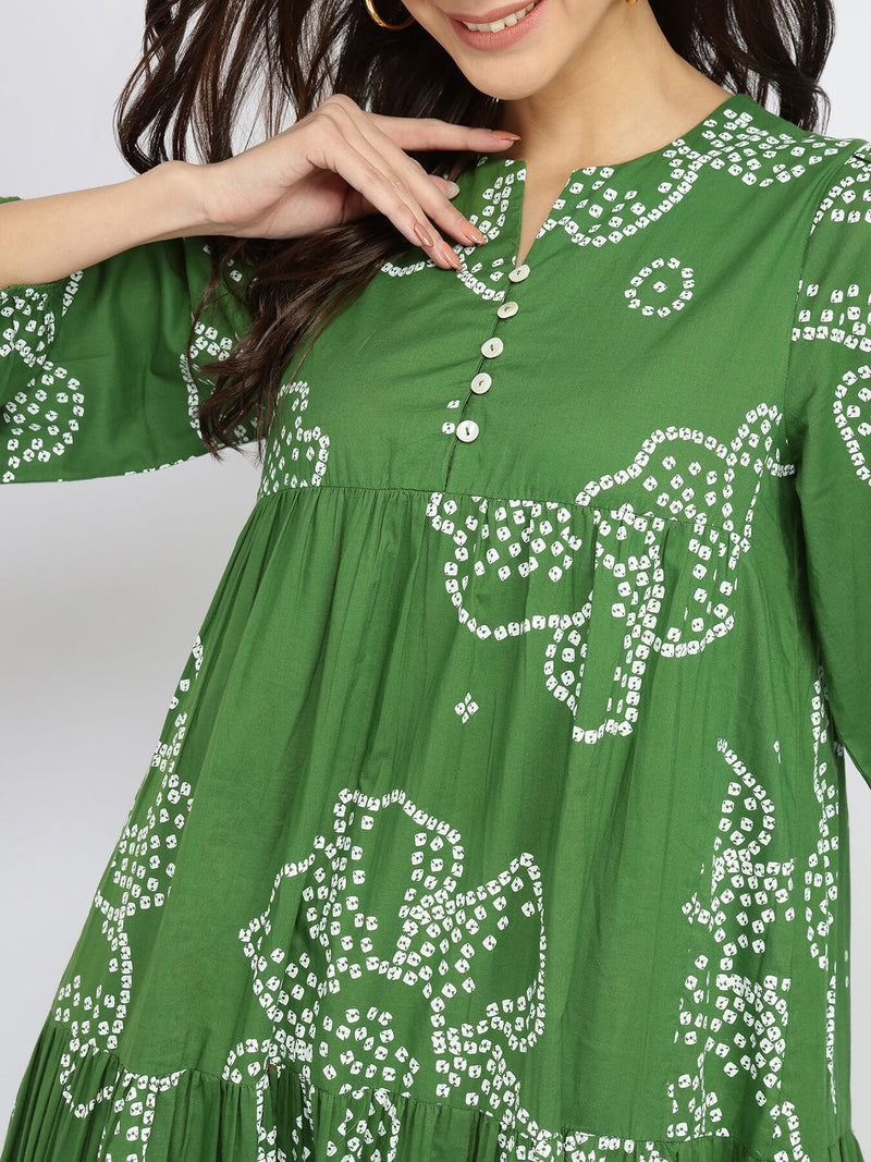 Cotton Bandhani Floral Tiered Dress - Green