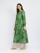 Cotton Bandhani Floral Tiered Dress - Green