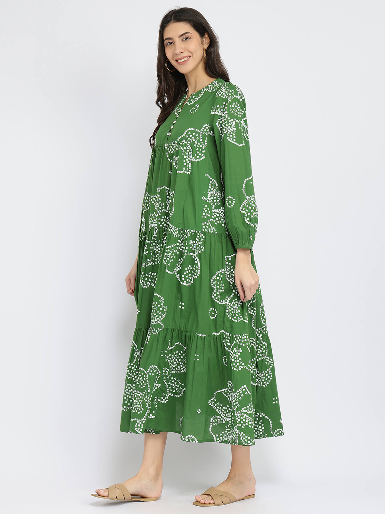 Cotton Bandhani Floral Tiered Dress - Green