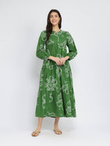 Cotton Bandhani Floral Tiered Dress - Green