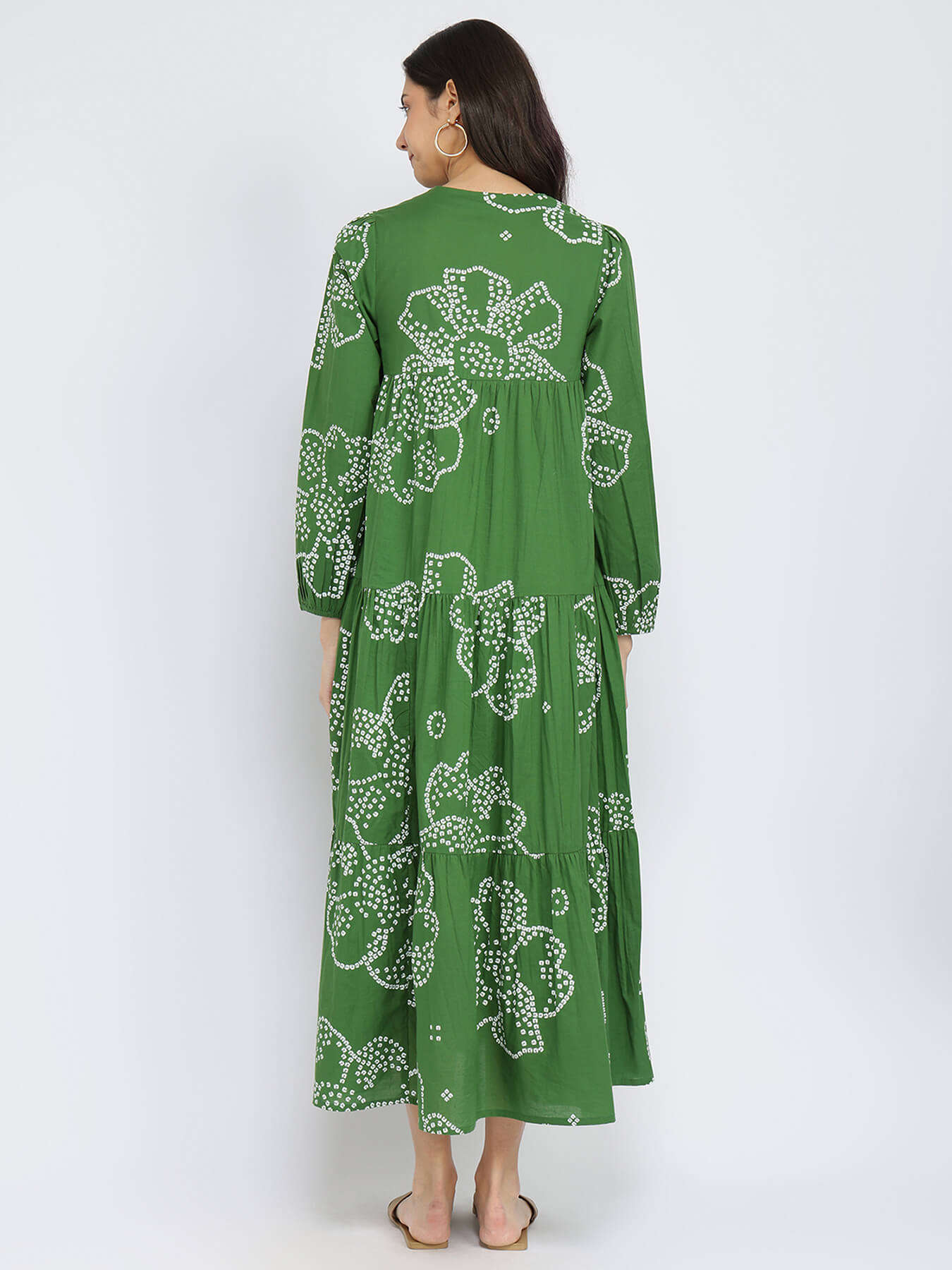 Cotton Bandhani Floral Tiered Dress - Green