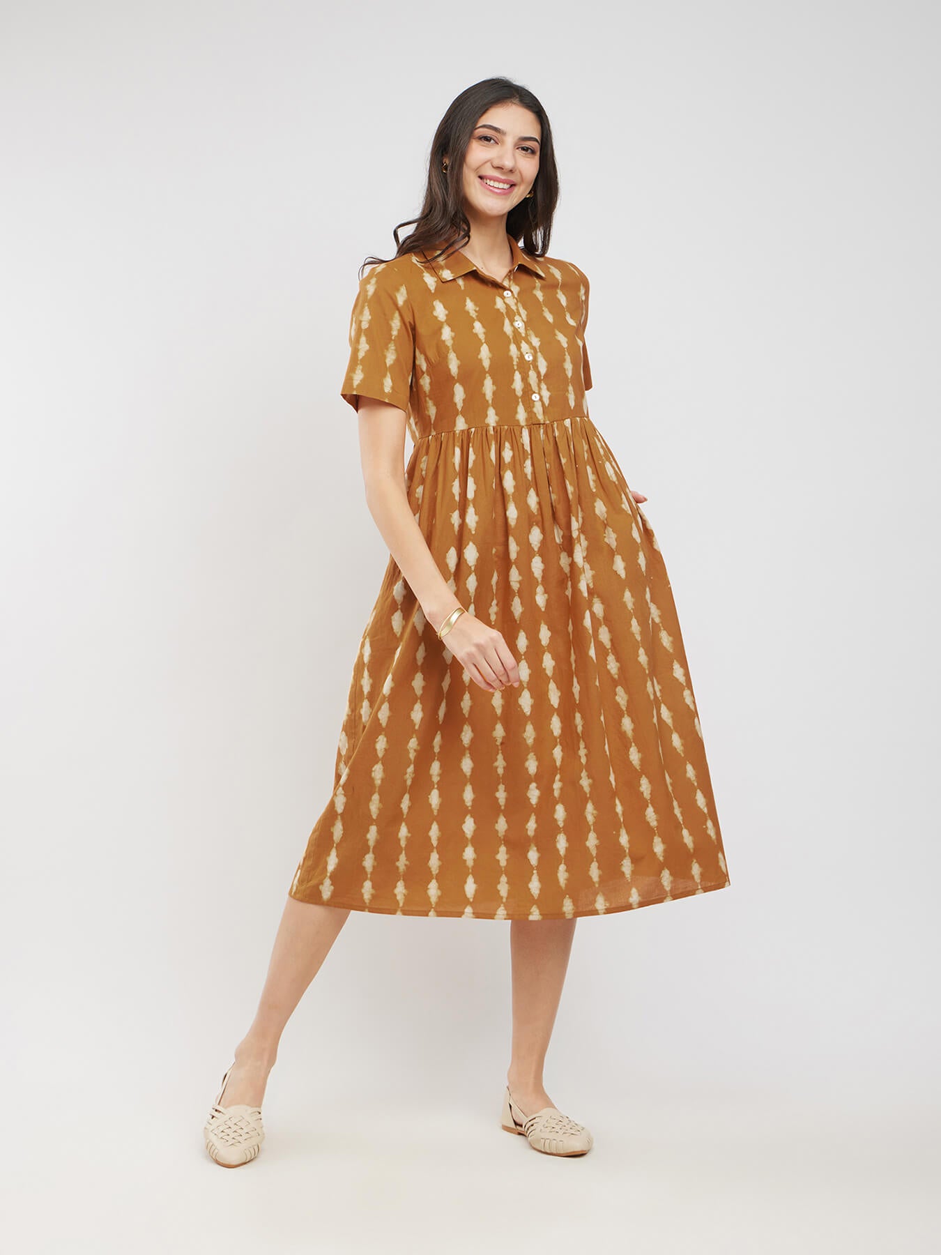 Cotton Dabu Striped Shirt Dress - Mustard