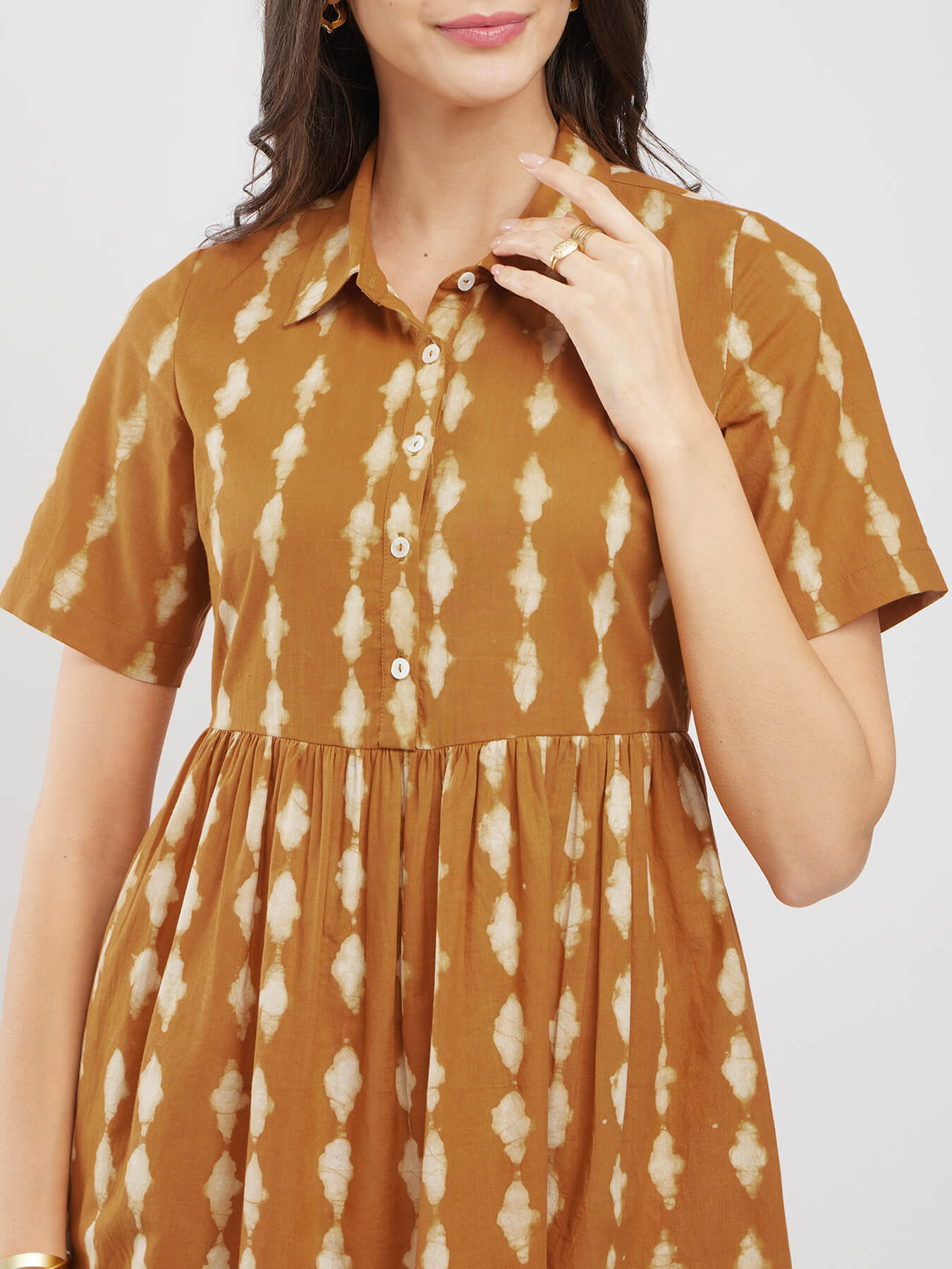 Cotton Dabu Striped Shirt Dress - Mustard