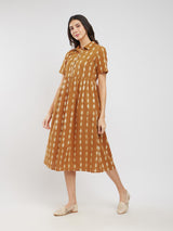 Cotton Dabu Striped Shirt Dress - Mustard