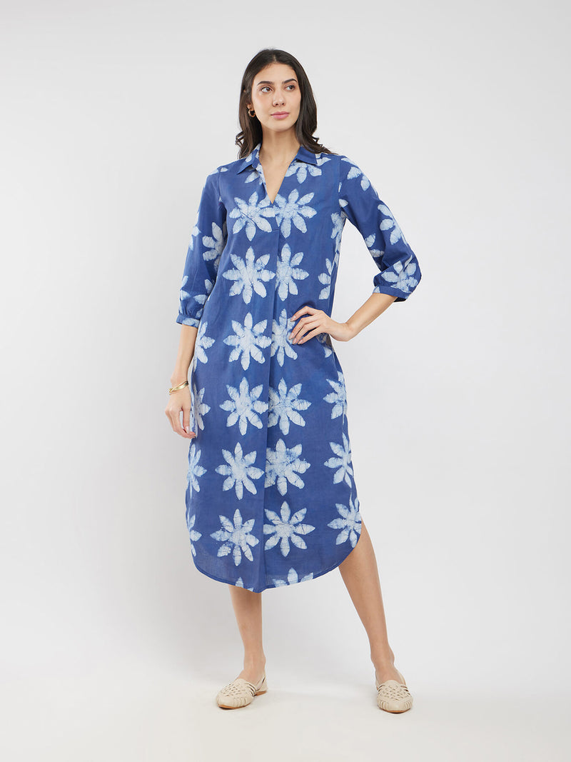 Cotton Dabu Floral Dress - Blue