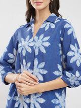 Cotton Dabu Floral Dress - Blue