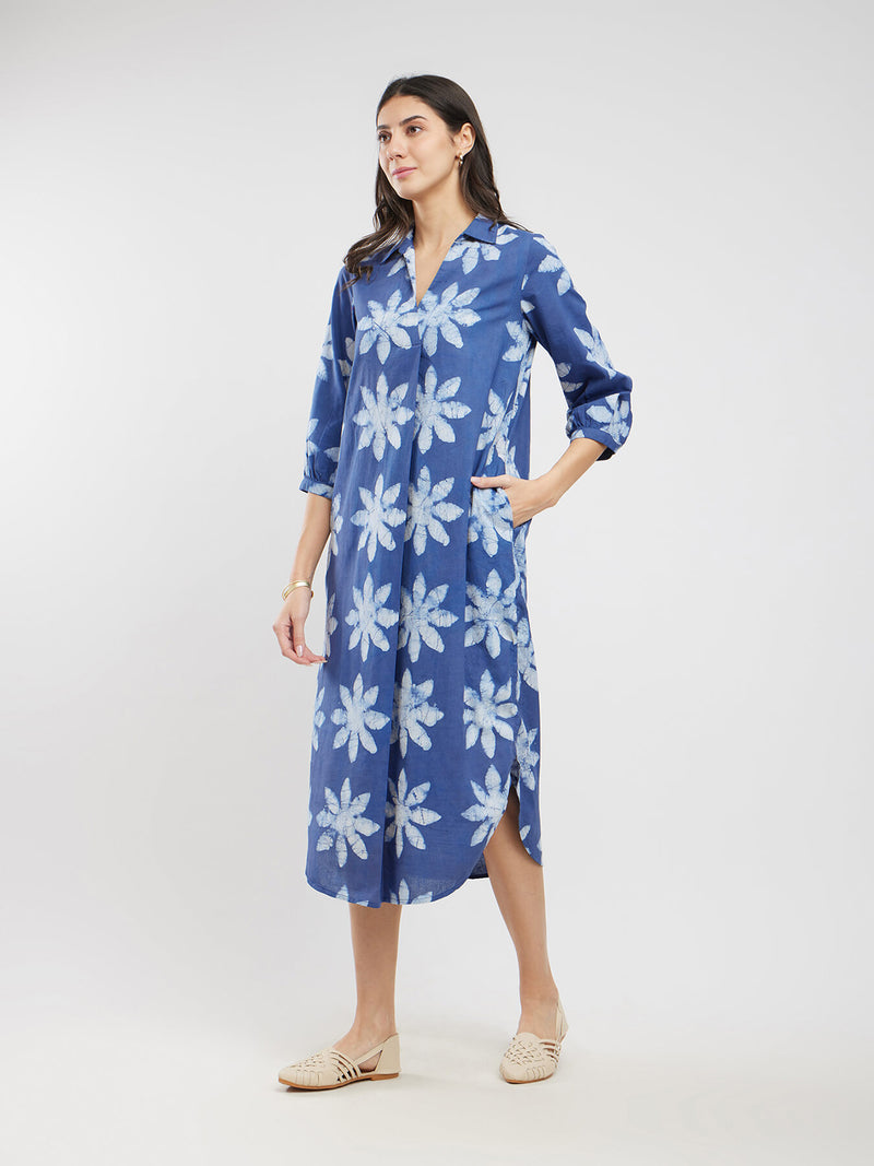 Cotton Dabu Floral Dress - Blue