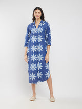 Cotton Dabu Floral Dress - Blue