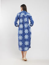 Cotton Dabu Floral Dress - Blue