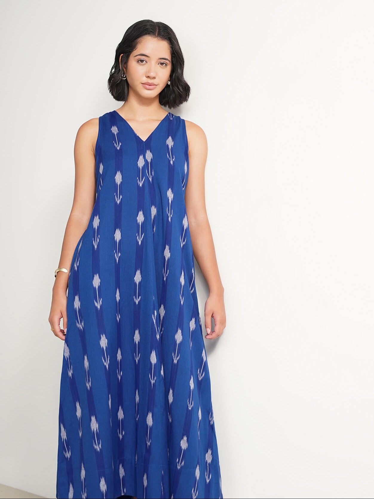 Cotton Ikat Sleeveless A-Line Dress - Blue