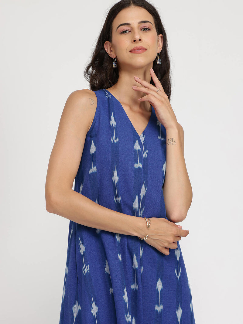 Cotton Ikat Sleeveless A-Line Dress - Blue