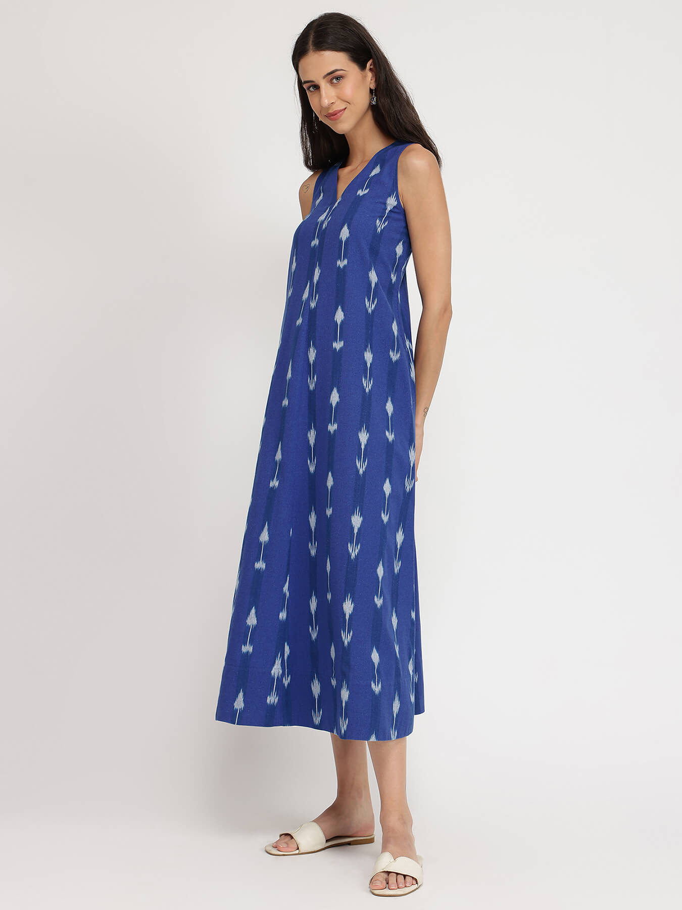 Cotton Ikat Sleeveless A-Line Dress - Blue