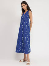 Cotton Ikat Sleeveless A-Line Dress - Blue