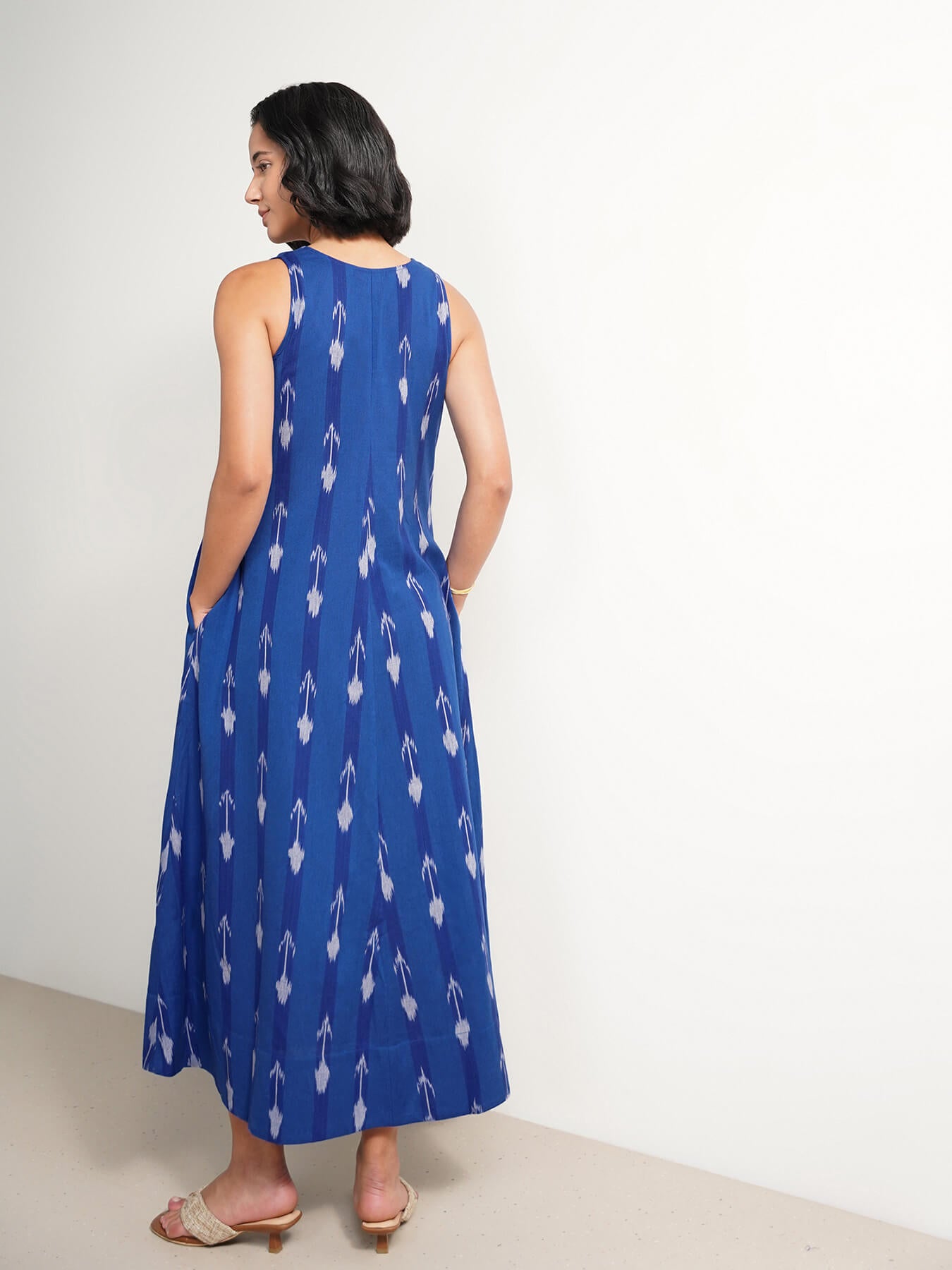 Cotton Ikat Sleeveless A-Line Dress - Blue