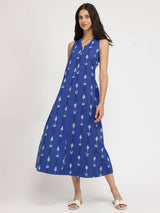 Cotton Ikat Sleeveless A-Line Dress - Blue