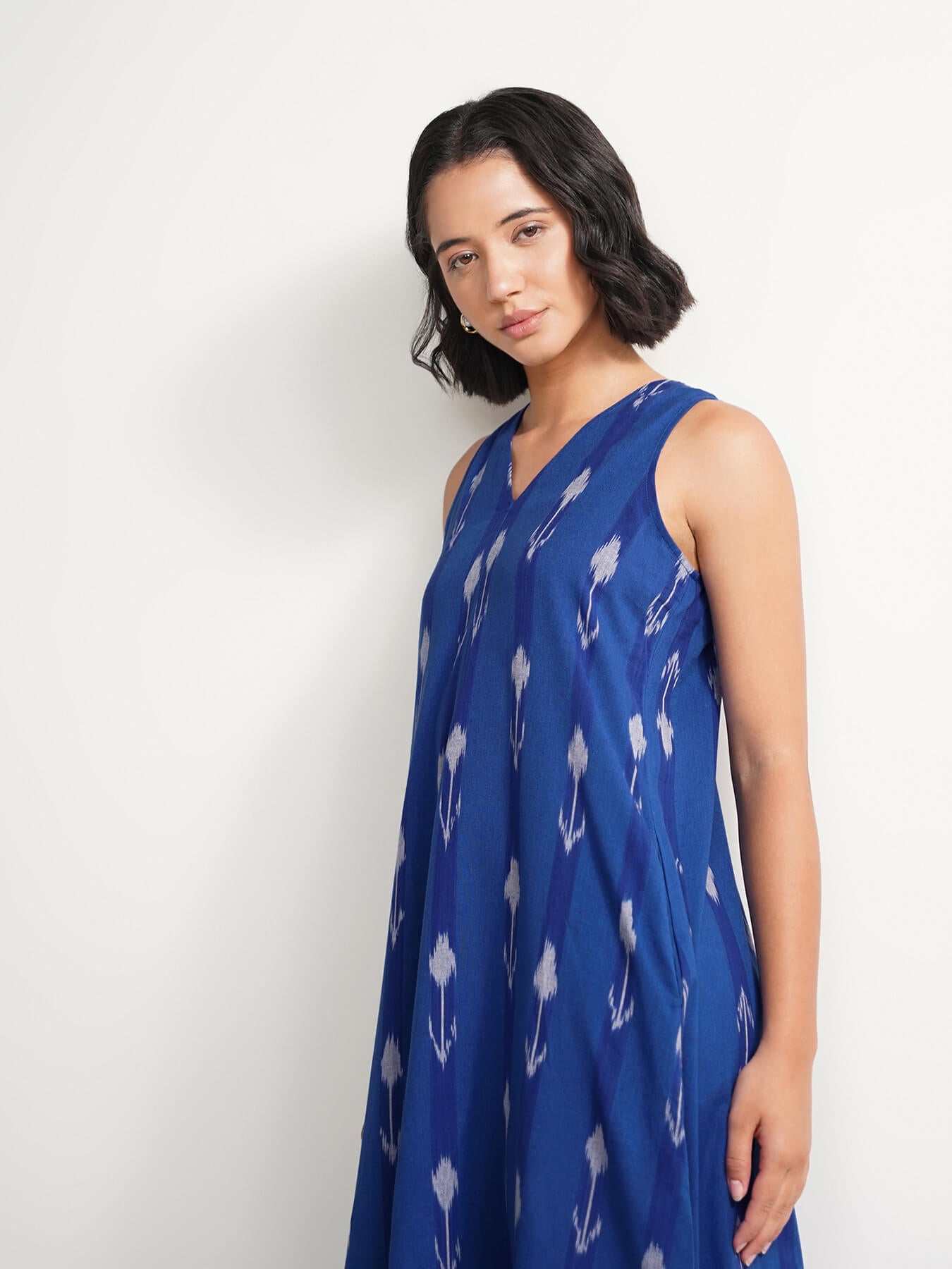 Cotton Ikat Sleeveless A-Line Dress - Blue