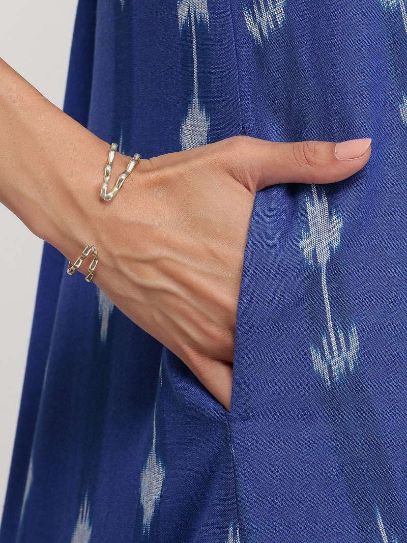 Cotton Ikat Sleeveless A-Line Dress - Blue