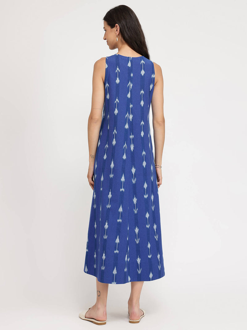 Cotton Ikat Sleeveless A-Line Dress - Blue