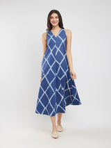 Cotton Dabu Geometric A-Line Dress - Blue