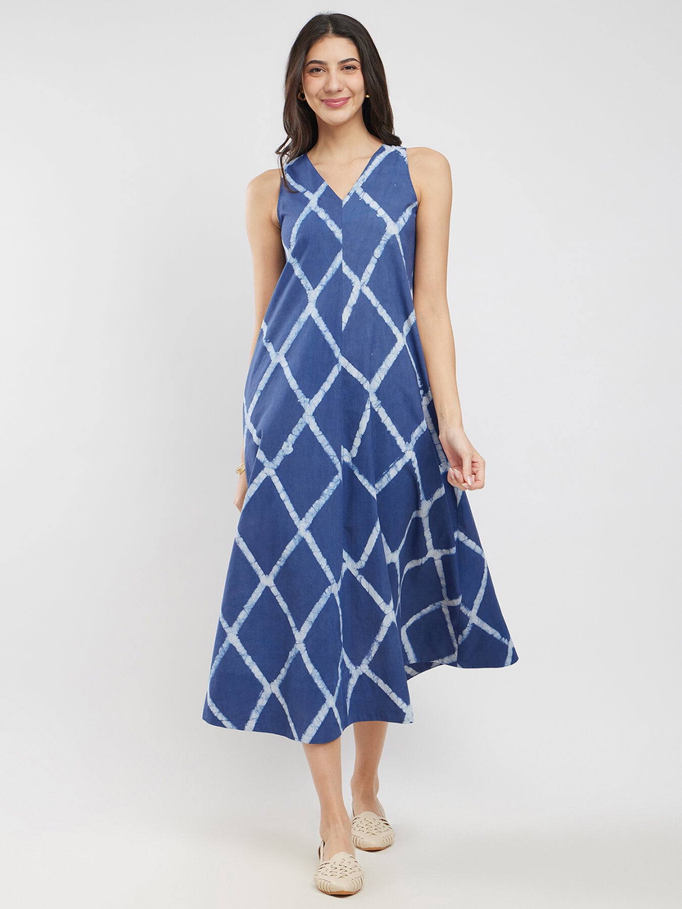 Cotton Dabu Geometric A-Line Dress - Blue