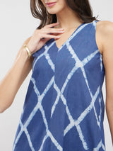 Cotton Dabu Geometric A-Line Dress - Blue