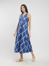 Cotton Dabu Geometric A-Line Dress - Blue