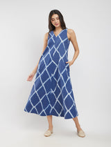 Cotton Dabu Geometric A-Line Dress - Blue