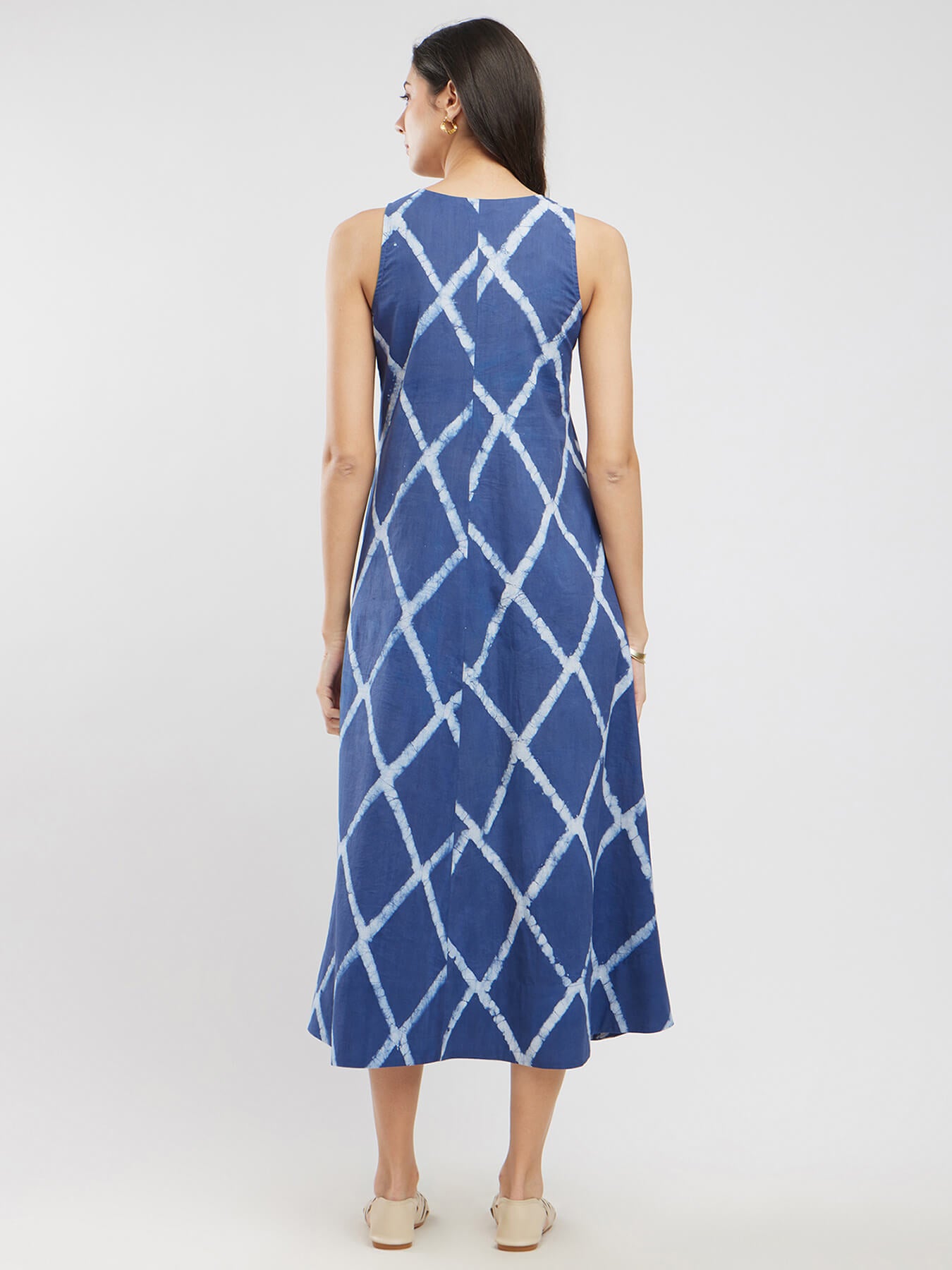 Cotton Dabu Geometric A-Line Dress - Blue