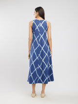 Cotton Dabu Geometric A-Line Dress - Blue