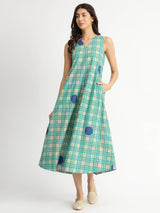 Cotton Abstract Print A-Line Dress - Green & Blue