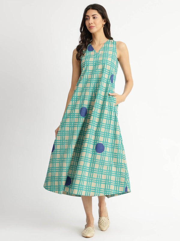 Cotton Abstract Print A-Line Dress - Green & Blue