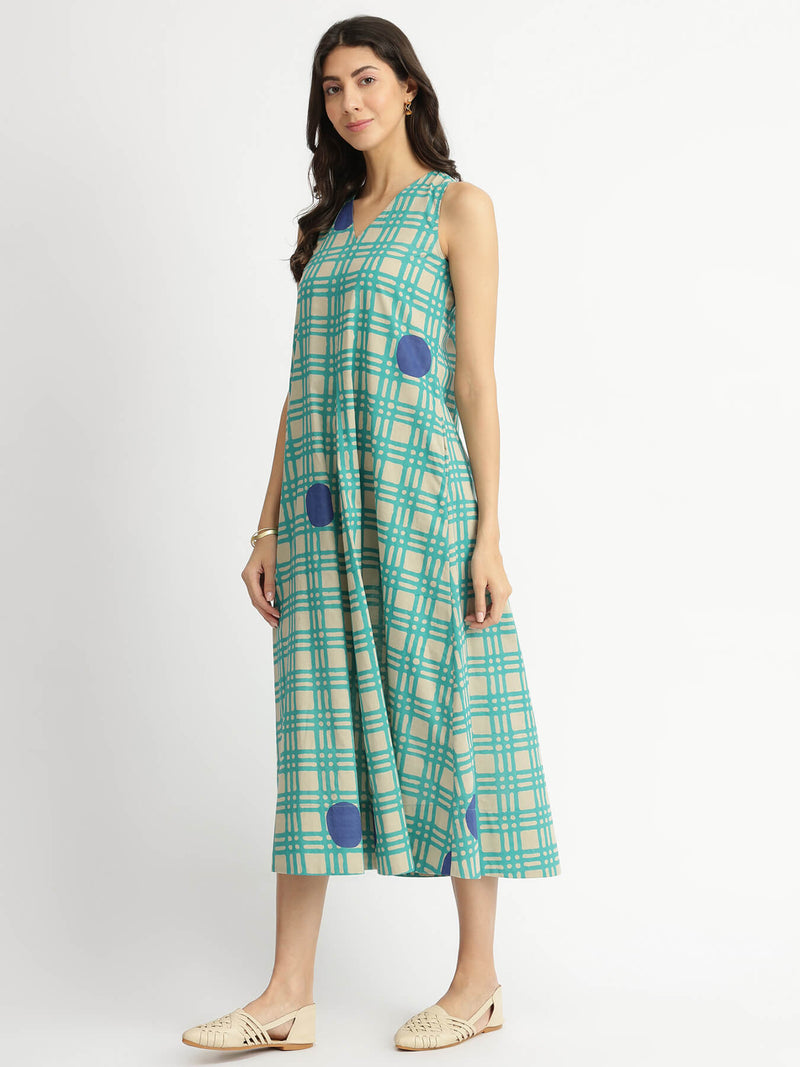 Cotton Abstract Print A-Line Dress - Green & Blue