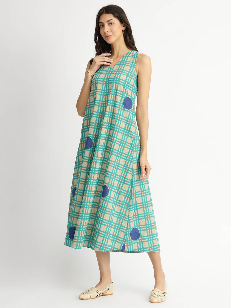 Cotton Abstract Print A-Line Dress - Green & Blue