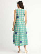 Cotton Abstract Print A-Line Dress - Green & Blue
